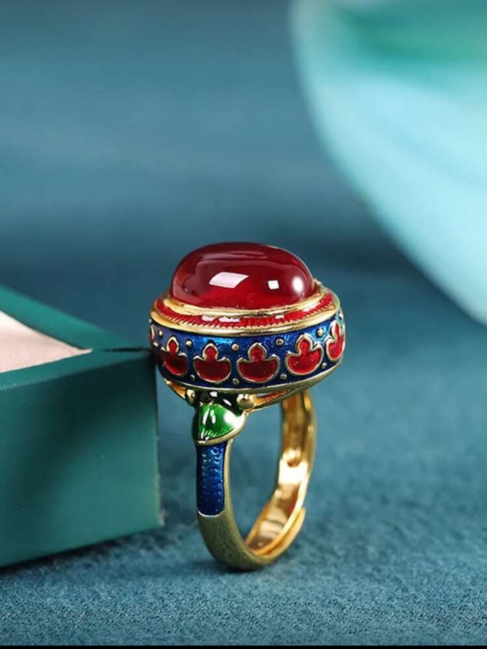Golden Ring with Red Cabochon and Enamel Accents - Picture 2 of 7